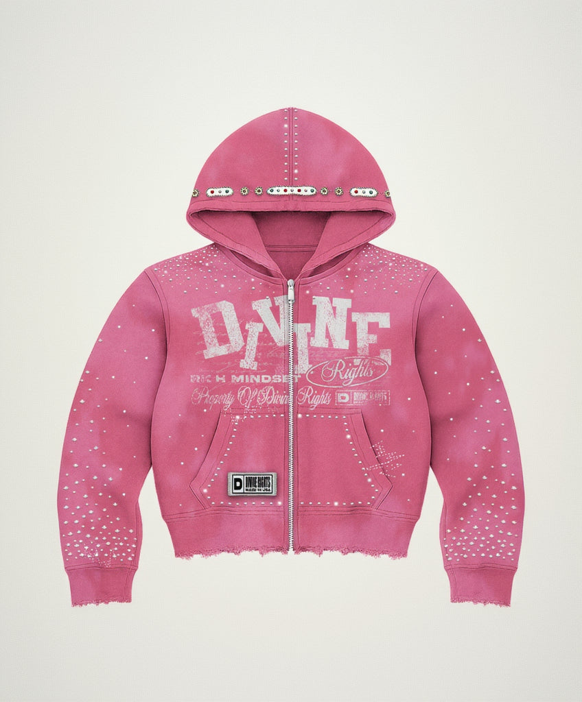 Pink hoodie with text and star patterns on a white background