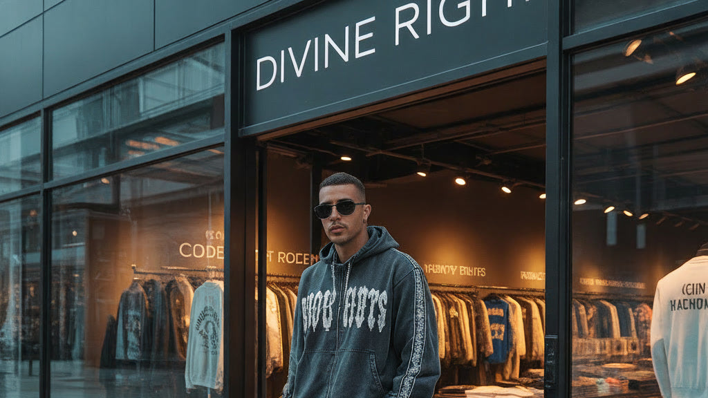Man wearing a tracksuit standing outside a store named 'Divine Right'.